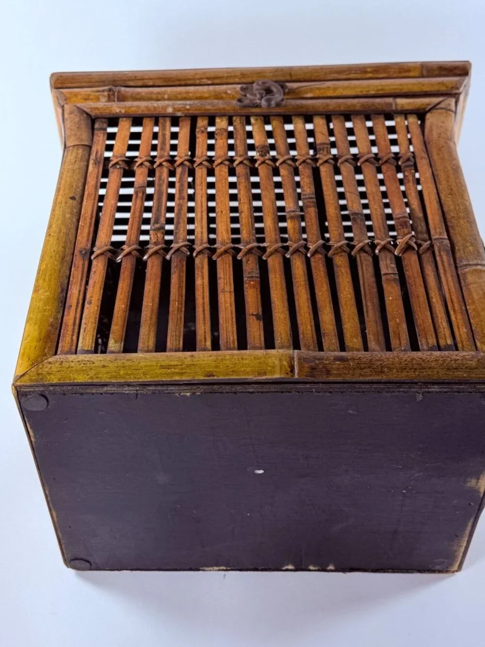 Bamboo & Wood Lattice Storage Box W/Hinged Lid Metal Clasp Wall Clips 14 in Tall